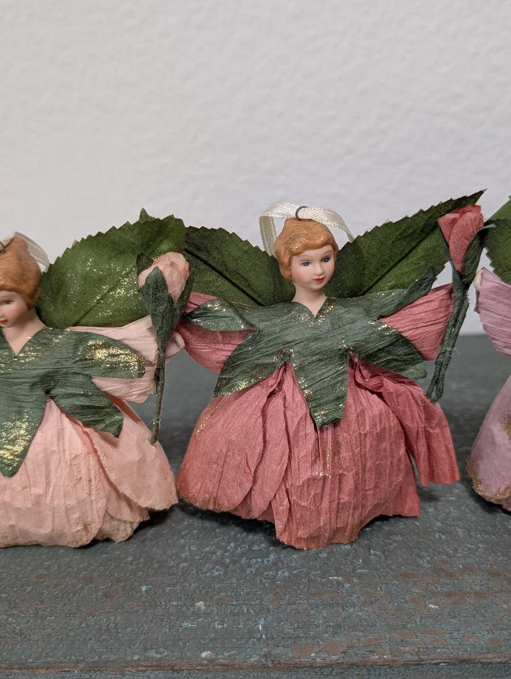 Set of 3 Flower Fairy Doll Ornaments Paper-Crepe Wings Cottagecore Cotton Body